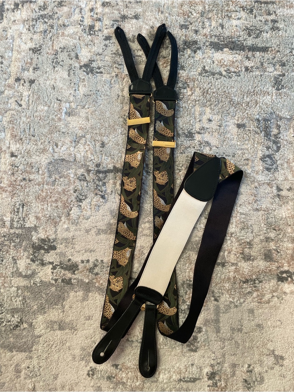 Trafalgar Green & Tan Patterned Leather-Trim Suspenders